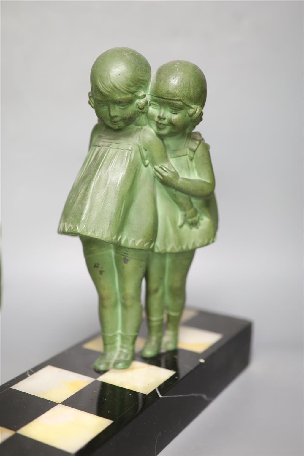 After Dimitre Chiparus (1889-1947), green-patinated spelter figure of two girls fascinated by a Marabou stork